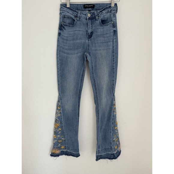Ashley Mason Bell Bottom Embroidered Boho Jeans3/26 Festival Floral Hippie - Picture 1 of 6